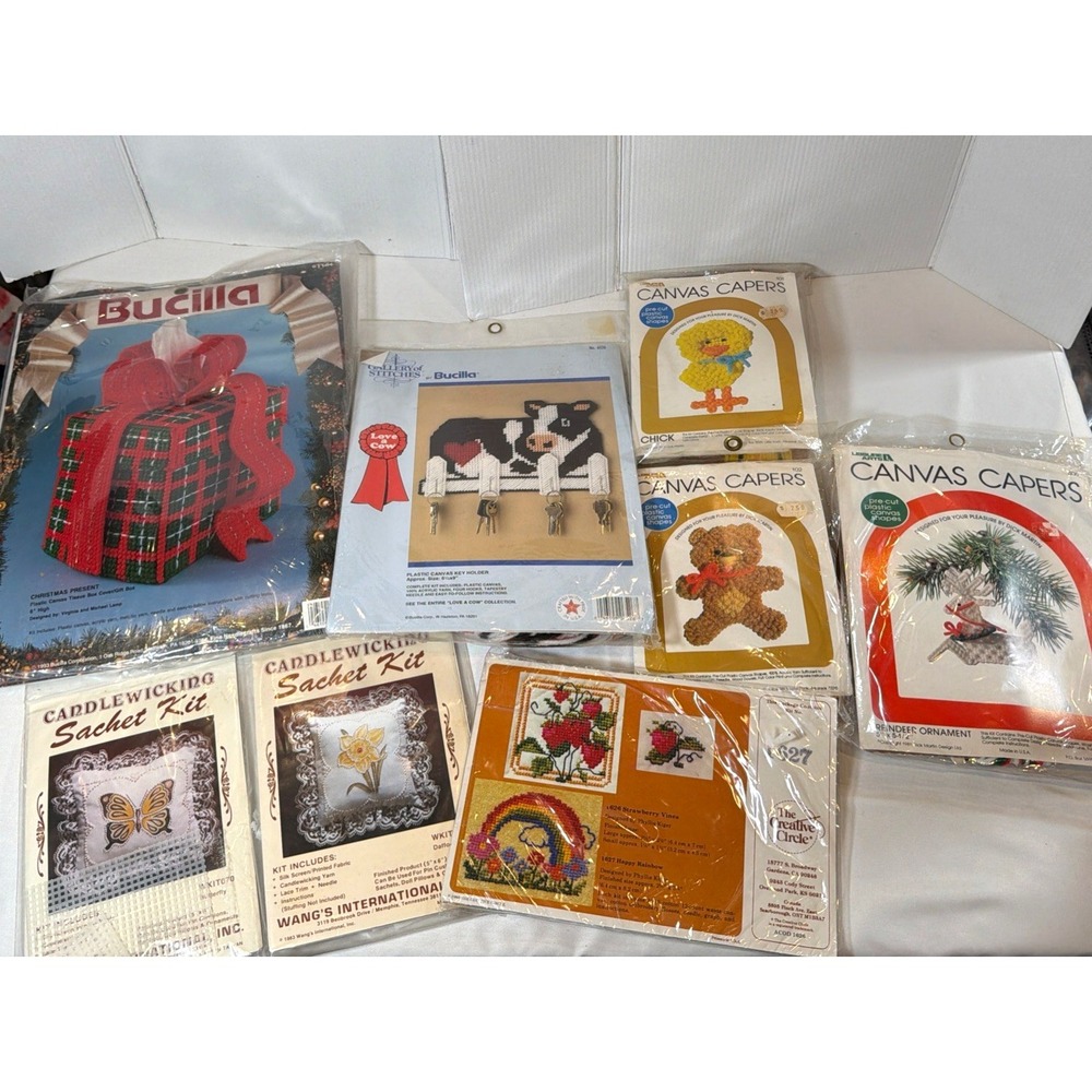 Lot Of 8 Vintage Cross Stitch Craft Kits Bucilla Canvas Capers Sewing